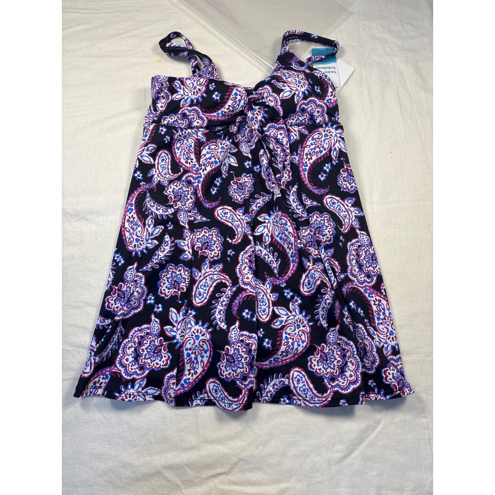 Swim Solutions Women Paisley Bow Front Swim Dress Black Multi 16 NWT 807095 - Picture 1 of 6